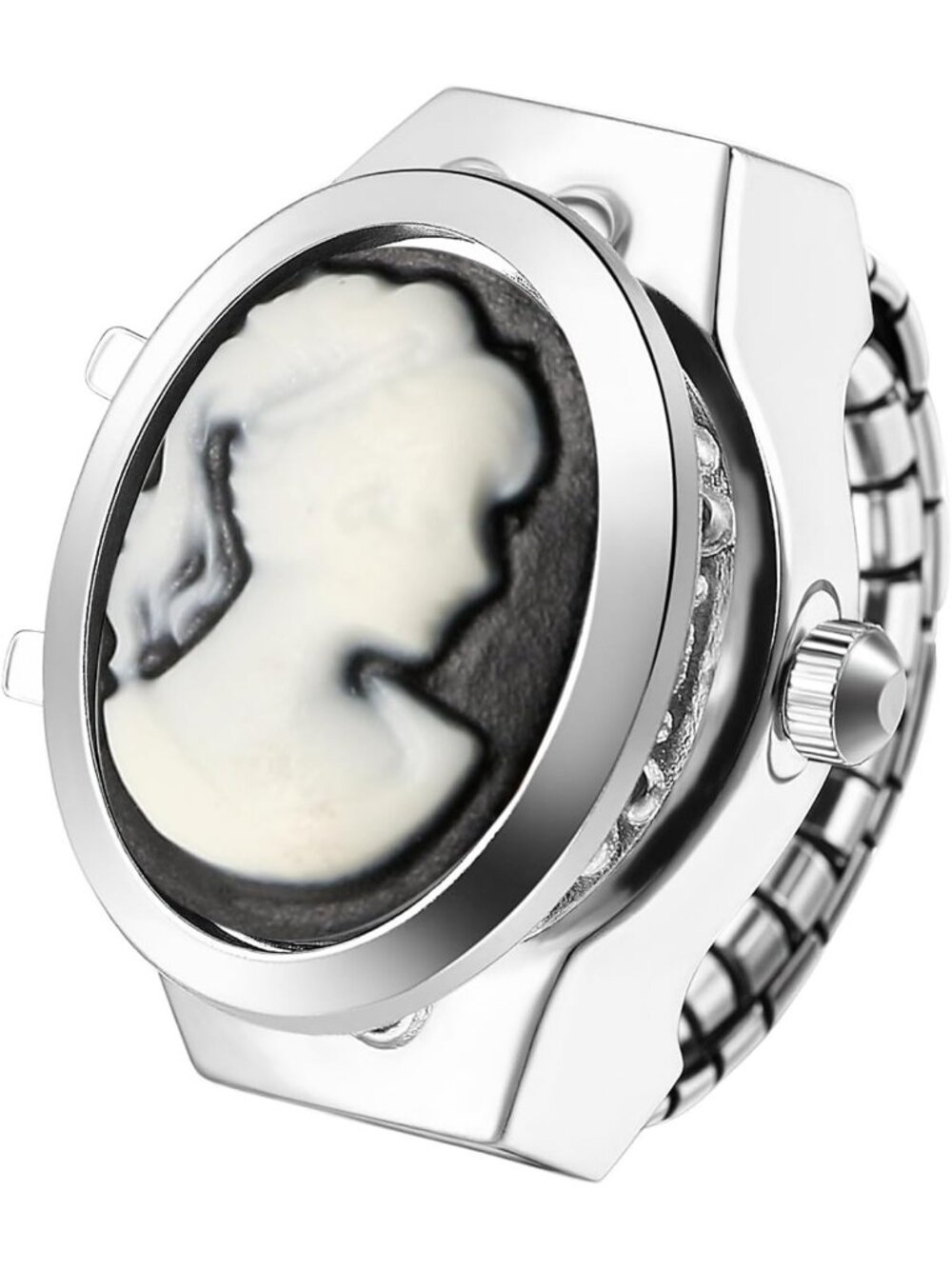 Unisex White Analog Quartz Flip Cover Stainless Steel Stretchy Finger Ring Watch